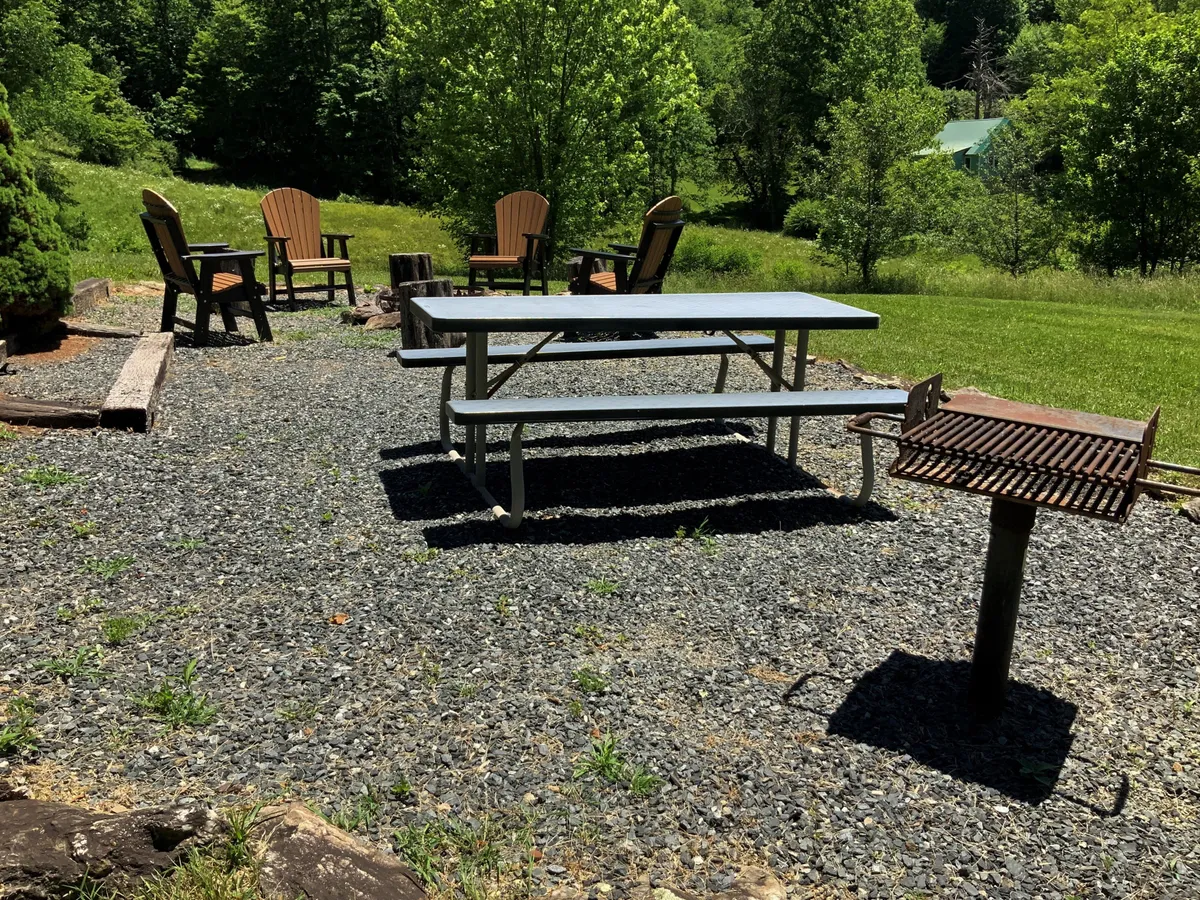 An exterior view of a gathering space with a picnic table, Adirondack chairs, and a grill. The setup is ideal for outdoor dining, grilling, and relaxing by a fire. The natural surroundings and open sky invite guests to enjoy meals, conversations, and stargazing in a relaxed, communal environment.