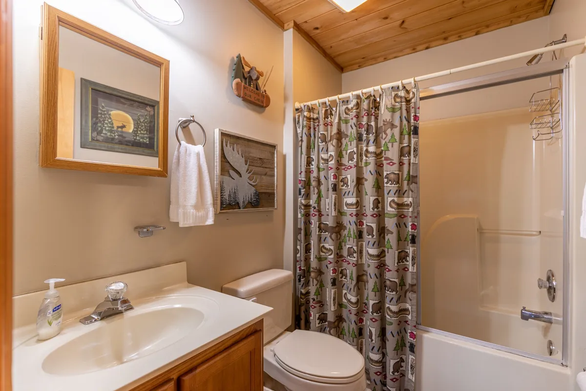 A modern bathroom with a sink and mirror, decorative wall art, and a shower curtain. The space feels clean, comfortable, and inviting, ideal for refreshing after a day of adventure.